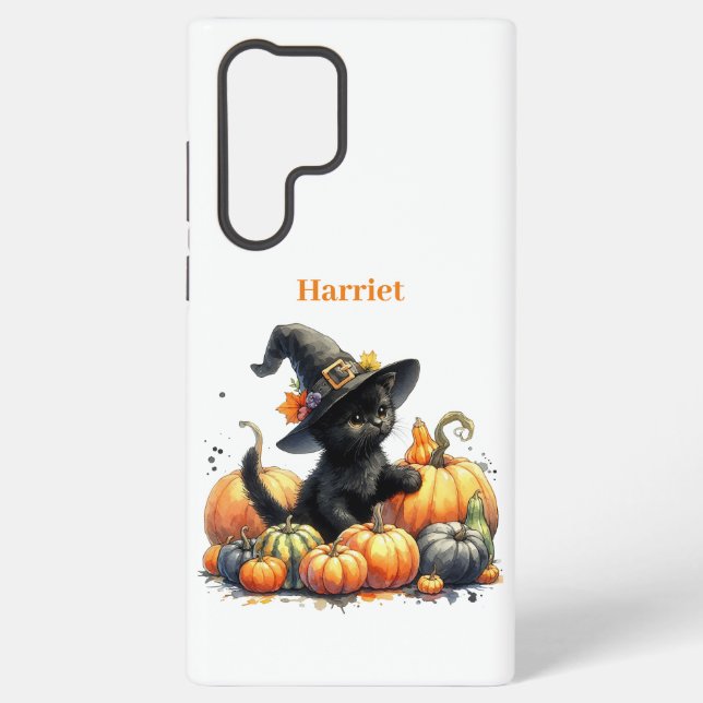 Coque Samsung Galaxy Kitten d'Halloween noir avec Citrouilles et Casque (Verso)