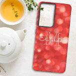 Coque Samsung Galaxy Lettre initiale Monogramme Coral Faux Parties scin<br><div class="desc">Ajoutez un peu de plaisir à votre nouveau téléphone avec ce design de boîtier téléphonique chic avec un arrière - plan de parties scintillant de corail bokeh. Le centre offre de la place pour un nom et une lettre initiale monogramme. Personnalisez le texte dans les champs modèle, supprimez le texte...</div>