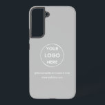 Coque Samsung Galaxy Logo d'entreprise gris personnalisé<br><div class="desc">Faites la promotion de votre marque avec ce Coque Galaxy S22 personnalisable. Ce design comprend votre propre logo et des informations sur les médias sociaux, ainsi qu'un espace pour une adresse de page d'accueil personnalisée. Parfait pour les cadeaux, les salons professionnels et autres événements promotionnels. Besoin d'aide pour la personnalisation...</div>