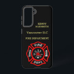 Coque Samsung Galaxy Logo du service d'incendie Badge noir et rouge<br><div class="desc">Logo du service d'incendie Badge noir et rouge avec axe de feu et échelle. Idéal pour les pompiers et les premiers répondants. Personnalisez avec votre nom et votre département ville natale et plus.monogramme</div>