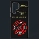 Coque Samsung Galaxy Logo du service d'incendie Badge noir et rouge<br><div class="desc">Logo du service d'incendie Badge noir et rouge avec axe de feu et échelle. Idéal pour les pompiers et les premiers répondants. Personnalisez avec votre nom et votre département ville natale et plus.monogramme</div>