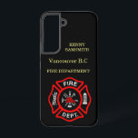 Coque Samsung Galaxy Logo du service d'incendie Badge noir et rouge<br><div class="desc">Logo du service d'incendie Badge noir et rouge avec axe de feu et échelle. Idéal pour les pompiers et les premiers répondants. Personnalisez avec votre nom et votre département ville natale et plus.monogramme</div>