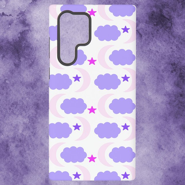Coque Samsung Galaxy Lune, étoiles et nuages Motif rose et pourpre (A phone case with a pattern of pink and purple moons, clouds and stars)