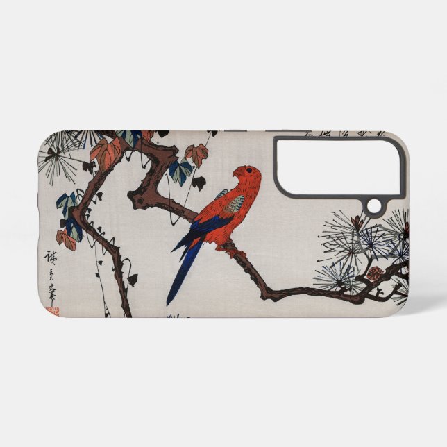 Coque Samsung Galaxy Macaw sur une branche de pin, Hiroshige (Verso Horizontal)