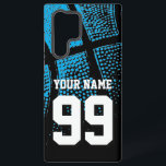 Coque Samsung Galaxy Maillot de basket-ball bleu vintage numéro personn<br><div class="desc">Étui Samsung Galaxy pour maillot de basket-ball personnalisé. Housse de téléphone personnalisée avec design de basket-ball orange athlétique. Couleur de fond personnalisable derrière la photo vintage. Personnalisez avec le nom de l'équipe de lycée, monogramme, citation drôle, slogan, etc. Idée de cadeau d'anniversaire mignon pour les garçons et les filles sportifs....</div>
