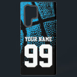 Coque Samsung Galaxy Maillot de basket-ball bleu vintage numéro personn<br><div class="desc">Étui Samsung Galaxy pour maillot de basket-ball personnalisé. Housse de téléphone personnalisée avec design de basket-ball orange athlétique. Couleur de fond personnalisable derrière la photo vintage. Personnalisez avec le nom de l'équipe de lycée, monogramme, citation drôle, slogan, etc. Idée de cadeau d'anniversaire mignon pour les garçons et les filles sportifs....</div>