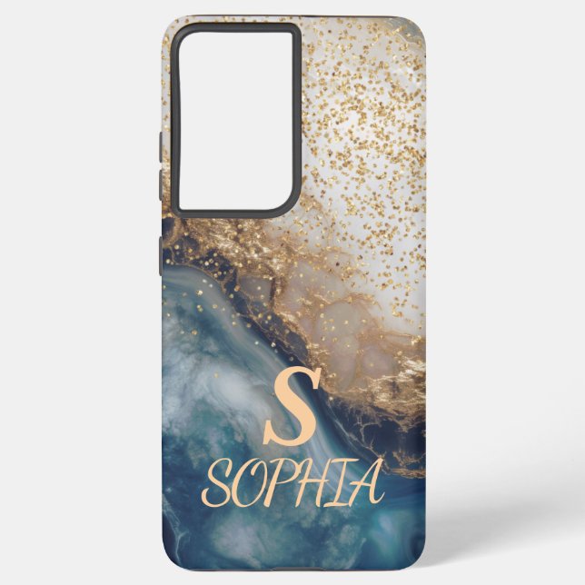 Coque Samsung Galaxy marbre bleu chic monogramme paillettes dorées (Verso)