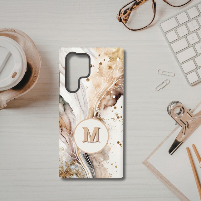 Coque Samsung Galaxy Marbre Brun Or Monogram Luxe Design Abstrait (Créateur téléchargé)
