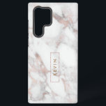 Coque Samsung Galaxy Marbre moderne blanc et Rose-or Faux<br><div class="desc">Élégant imprimé en pierre de marbre blanc et rose-or,  avec monogramme encadré.</div>