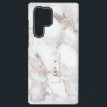 Coque Samsung Galaxy Marbre moderne blanc et Rose-or Faux<br><div class="desc">Élégant imprimé en pierre de marbre blanc et rose-or,  avec monogramme encadré.</div>