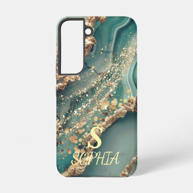Coque Samsung Galaxy Marbre vert chic monogramme paillettes dorées (Verso)