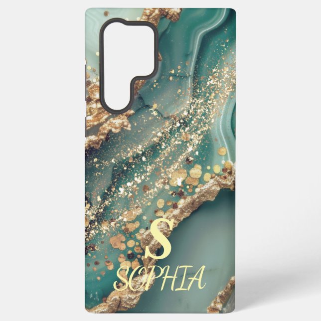 Coque Samsung Galaxy Marbre vert chic monogramme paillettes dorées (Verso)