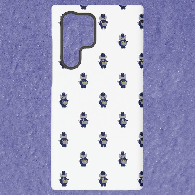 Coque Samsung Galaxy Marching Band Cat Drummer Navy Blue Gold Pattern (A phone case with a pattern of gray cats playing the drums in navy blue & gold uniforms.)