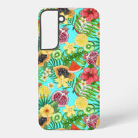 Mélange de fruits tropicaux, fleurs et feuilles su