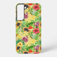 Mix-fruit tropical, fleurs et feuilles sur jaune
