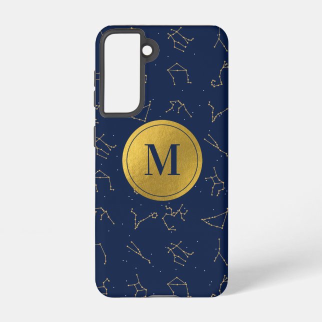 Coque Samsung Galaxy Monogramme de constellations de Zodiac bleu or et  (Verso)