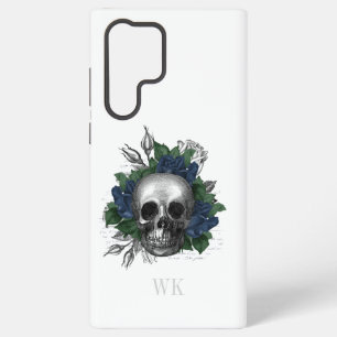 Coque Samsung Galaxy Monogramme de crâne de roses bleu marine gothique