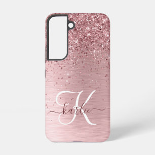 Coque Samsung Galaxy Monogramme de nom pailleté en métal brossé rose te