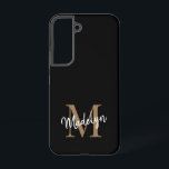 Coque Samsung Galaxy Monogramme d'or noir moderne Nom du script féminin<br><div class="desc">Monogramme d'or noir moderne Feminine Script Nom Téléphone Boîtier. Personnalisez facilement ce boîtier de téléphone moderne et élégant avec votre monogramme et votre nom personnalisés.</div>