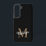 Coque Samsung Galaxy Monogramme d'or noir moderne Nom du script féminin<br><div class="desc">Monogramme d'or noir moderne Feminine Script Nom Téléphone Boîtier. Personnalisez facilement ce boîtier de téléphone moderne et élégant avec votre monogramme et votre nom personnalisés.</div>