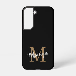 Coque Samsung Galaxy Monogramme d'or noir moderne Nom du script féminin