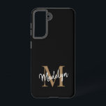 Coque Samsung Galaxy Monogramme d'or noir moderne Nom du script féminin<br><div class="desc">Monogramme d'or noir moderne Feminine Script Nom Téléphone Boîtier. Personnalisez facilement ce boîtier de téléphone moderne et élégant avec votre monogramme et votre nom personnalisés.</div>