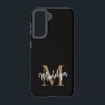 Coque Samsung Galaxy Monogramme d'or noir moderne Nom du script féminin<br><div class="desc">Monogramme d'or noir moderne Feminine Script Nom Téléphone Boîtier. Personnalisez facilement ce boîtier de téléphone moderne et élégant avec votre monogramme et votre nom personnalisés.</div>