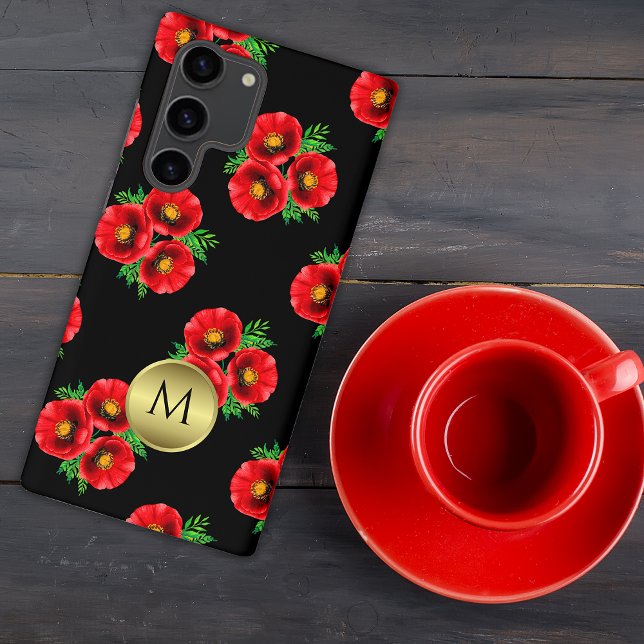 Coque Samsung Galaxy Monogramme d'or Red Poppies (Créateur téléchargé)