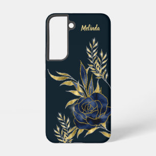 Coque Samsung Galaxy Monogramme élégant feuilles bleu marine or rose