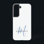 Coque Samsung Galaxy Monogramme élégant moderne blanc bleu script<br><div class="desc">Étui de téléphone Monogramme élégant moderne blanc bleu script.  Un monogramme élégant de script bleu associé à une police sans empattement noire épurée donne un look contemporain.</div>