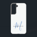 Coque Samsung Galaxy Monogramme élégant moderne blanc bleu script<br><div class="desc">Étui de téléphone Monogramme élégant moderne blanc bleu script.  Un monogramme élégant de script bleu associé à une police sans empattement noire épurée donne un look contemporain.</div>