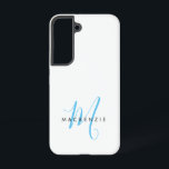 Coque Samsung Galaxy Monogramme élégant moderne blanc ciel bleu script<br><div class="desc">Étui de téléphone Monogramme élégant moderne blanc ciel bleu script.  Un monogramme élégant de couleur bleu ciel associé à une police sans empattements noire épurée donne un look contemporain.</div>