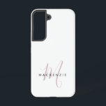 Coque Samsung Galaxy Monogramme élégant moderne blanc rose blush écritu<br><div class="desc">Étui de téléphone Monogramme élégant moderne blanc rose blush écriture. Un monogramme élégant en écriture rose blush associé à une police sans empattements noire épurée donne un look contemporain.</div>