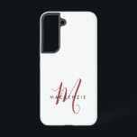 Coque Samsung Galaxy Monogramme élégant moderne blanc rouge script<br><div class="desc">Étui de téléphone Monogramme élégant moderne blanc rouge script.  Un monogramme script rouge élégant combiné à une police sans empattement noire épurée donne un look contemporain.</div>