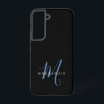 Coque Samsung Galaxy Monogramme élégant moderne noir bleu script<br><div class="desc">Étui de téléphone Monogramme élégant moderne noir bleu script.  Un monogramme élégant de script bleu associé à une police sans empattement blanche épurée donne un look contemporain.</div>