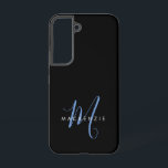Coque Samsung Galaxy Monogramme élégant moderne noir bleu script<br><div class="desc">Étui de téléphone Monogramme élégant moderne noir bleu script.  Un monogramme élégant de script bleu associé à une police sans empattement blanche épurée donne un look contemporain.</div>