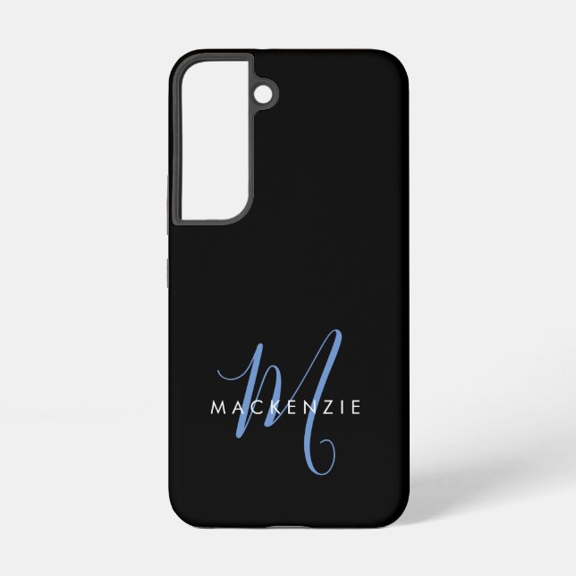 Coque Samsung Galaxy Monogramme élégant moderne noir bleu script (Verso)