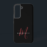 Coque Samsung Galaxy Monogramme élégant moderne noir rouge script<br><div class="desc">Étui de téléphone Monogramme élégant moderne noir rouge script.  Un monogramme élégant en script rouge associé à une police sans empattement blanche épurée donne un look contemporain.</div>