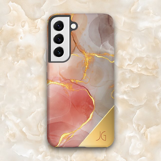 Coque Samsung Galaxy Monogramme en Agate Rouge et Or Chic (Créateur téléchargé)