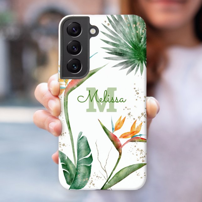 Coque Samsung Galaxy Monogramme floral de l'île tropicale Or blanc (Créateur téléchargé)