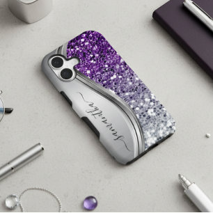 Coque Samsung Galaxy Monogramme manuscrit paillettes violettes argentée