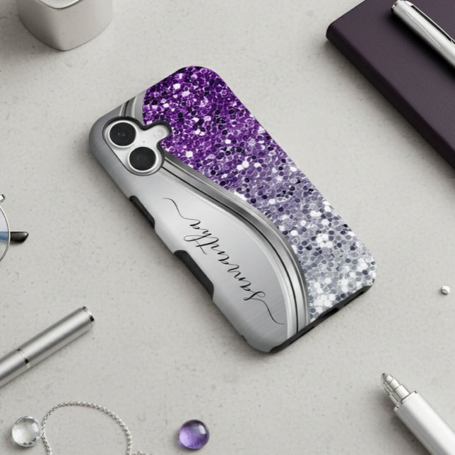 Coque Samsung Galaxy Monogramme manuscrit paillettes violettes argentée (Créateur téléchargé)