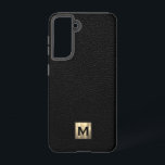 Coque Samsung Galaxy Monogramme or de luxe en cuir noir<br><div class="desc">Simple boîtier de téléphone monogrammed de luxe dispose d'un design moderne avec emblème de monogramme d'or métallique brossé sur cuir noir look arrière - plan texturé.</div>