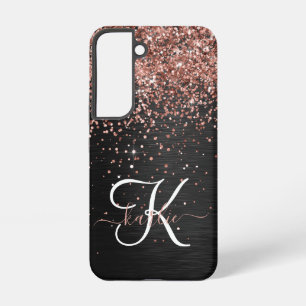 Coque Samsung Galaxy Monogramme personnalisé paillettes or rose noir