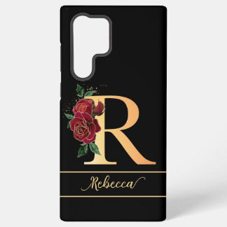 Coque Samsung Galaxy Monogramme R or nom personnalisé rouge roses noir