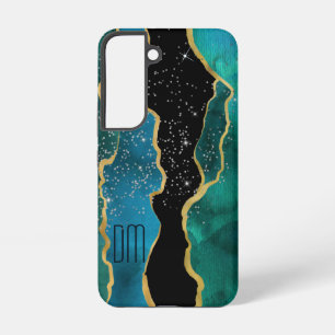 Coque Samsung Galaxy Monogramme scintillant Agate sarcelle à bordure do