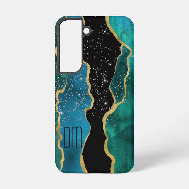 Coque Samsung Galaxy Monogramme scintillant Agate sarcelle à bordure do (Verso)