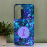 Coque Samsung Galaxy Monogramme violet Abstrait bleu élégant Modèle<br><div class="desc">Des nuances chatoyantes de bleu,  de violet minimal et d'arrière - plan noir déclenchent le monogramme de la lettre initiale violet que vous personnalisez facilement. Personnalisez-le en ajoutant une initiale de prénom ou de nom dans le champ modèle de texte.</div>