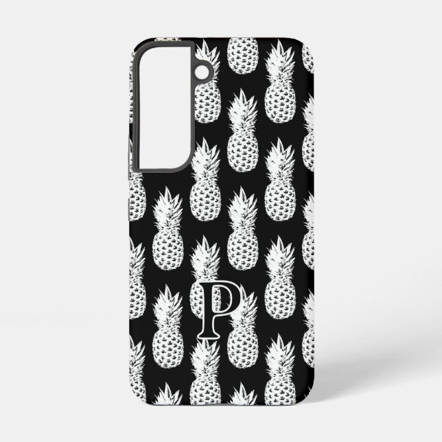 Coque Samsung Galaxy Motif ananas noir et blanc monogramme personnalisé (Verso)