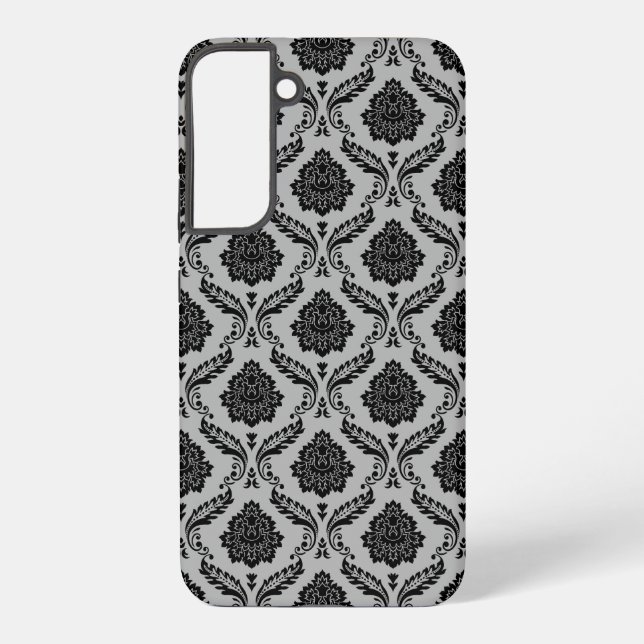 Coque Samsung Galaxy Motif Damassé Rococo Noir sur Gris (Verso)